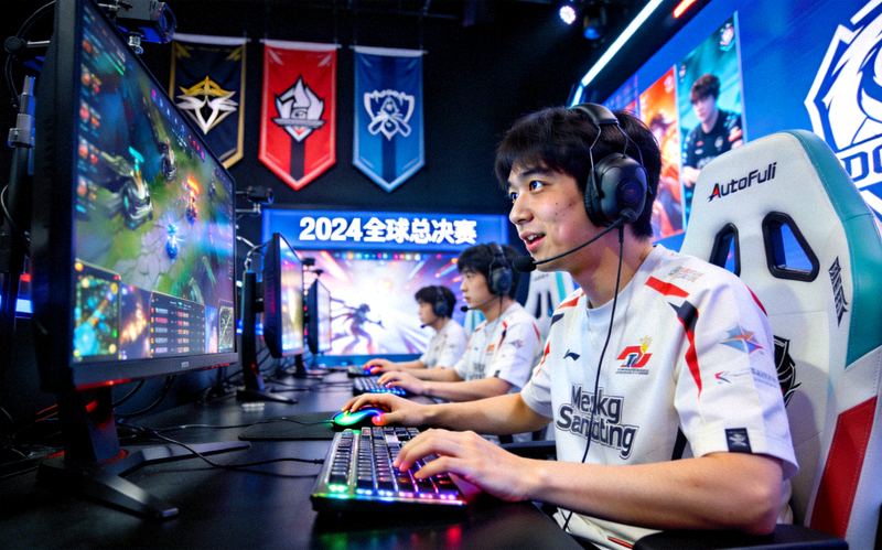 电竞选手在专业赛场内全神贯注操作设备的场景